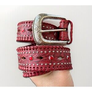 Elegant western style red Leather Belt with Ornate Silver Buckle